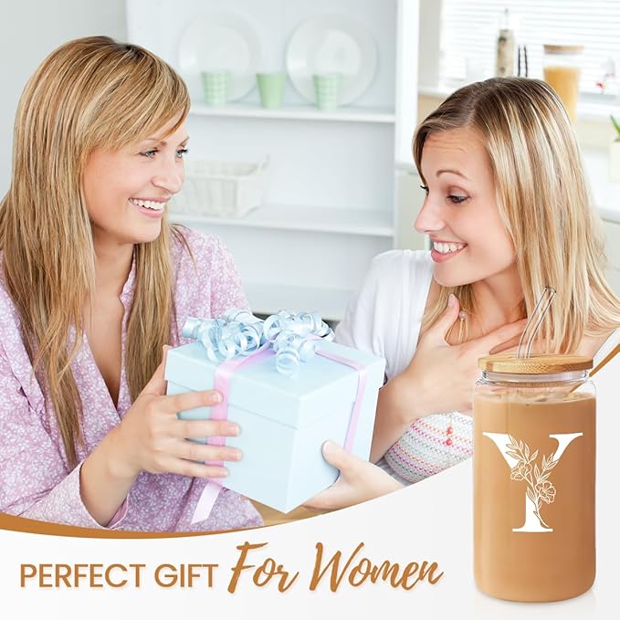 SANDJEST Monogrammed Gifts for Women - Monogram Y Initial Glass Cup 16 Oz Can Coffee Cups with Lid and Straw - Monogram Initials Gifts for Womens on Birthday