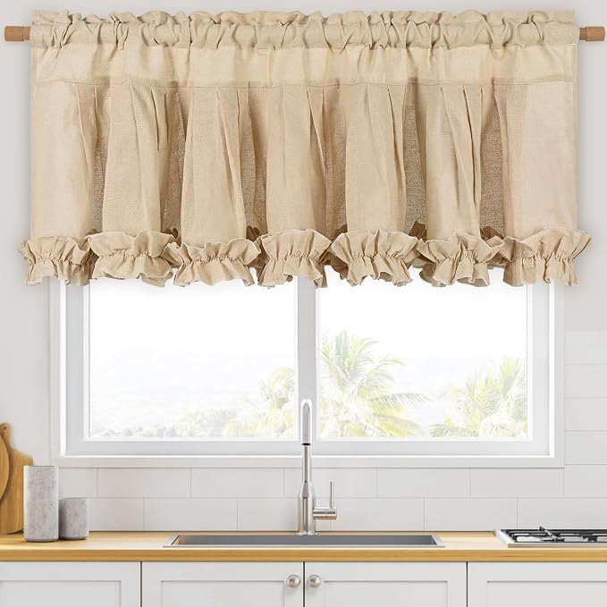 Likiyol Linen Valances for Windows Farmhouse Window Valances with Ruffle Rustic Country Light Filtering Kitchen Valance Curtains Rod Pocket Valance for Bathroom Cafe, Linen, 52" W X 18" L - Image 2