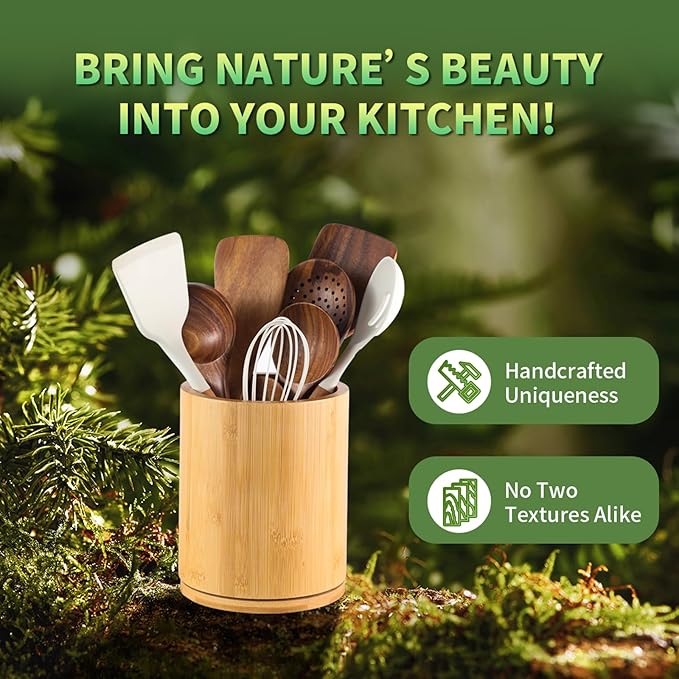 Bamboo Wood Utensil Holder, 360° Rotating 7.3 in Kitchen Organizer | Rustic farmhouse countertop decor. 360° rotating base holds spatulas, ladles, tongs, and cooking tools. Natural bamboo wood. - Image 7