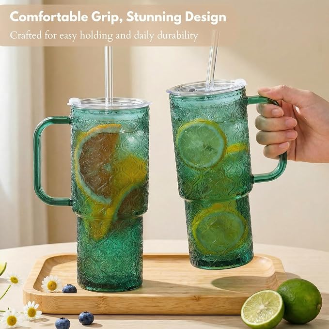 20 oz Green Glass Tumbler with Lid and Straw, Glass Iced Coffee Cups, Spill-proof Glasses Tumbler with Handle, Hobnail Glasses Drinking Set of 2, Vintage Glassware for Cocktail, Smoothies - Image 9