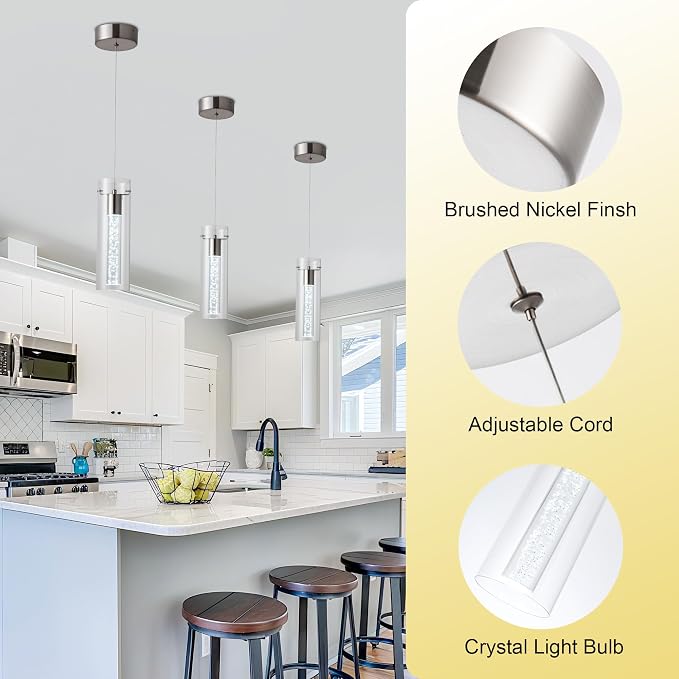 Pendant Ceiling Light Fixture, LED Kitchen Lighting Crystal Pendant Lights Kitchen Island, Kitchen Hanging Light Fixture Modern Island Light with Bubble Glass Three Pack - Image 4