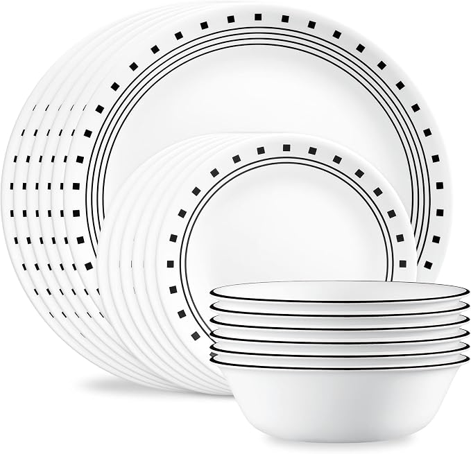 Corelle Vitrelle 18-Piece Service for 6 Dinnerware Set Triple Layer Glass and Chip Resistant, Lightweight Round Plates and Bowls Set, City Block by Corelle