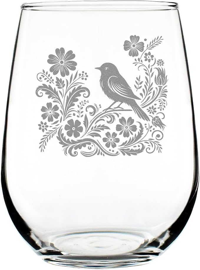 Engraved Bird & Floral 17oz Stemless Wine Glass, Etched Botanical Decor, Cottagecore Nature Lover For Her, Vintage Glassware by Make+Your+Mark+Design