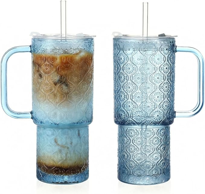 20 oz Blue Glass Tumbler with Lid and Straw, Glass Iced Coffee Cups, Spill-proof Glasses Tumbler with Handle, Hobnail Glasses Drinking Set of 2, Vintage Glassware for Cocktail, Smoothies by Unknown