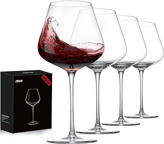JBHO Set of 4-21 Ounce Hand Blown Italian Style Crystal Burgundy Wine Glasses - Lead-Free Premium Crystal Clear Glass - Gift-Box for any Occasion by JBHO