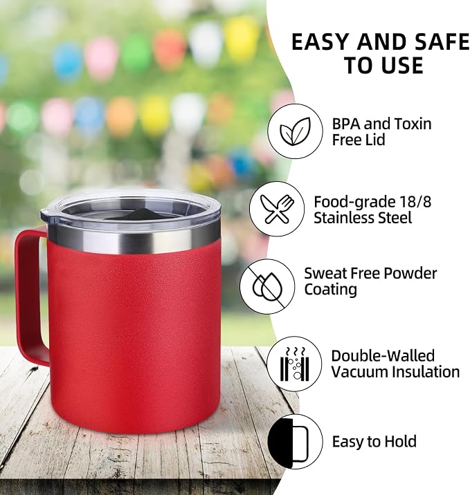 Volhoply 14oz Insulated Stainless Steel Coffee Mug with Lid Bulk 2 Pack,Double Wall Vacuum Travel Coffee Cup with Handle,Reusable Cups Tumbler,Camping Mugs Keep Hot/Cold,Ideal Gifts(Red,2) - Image 4