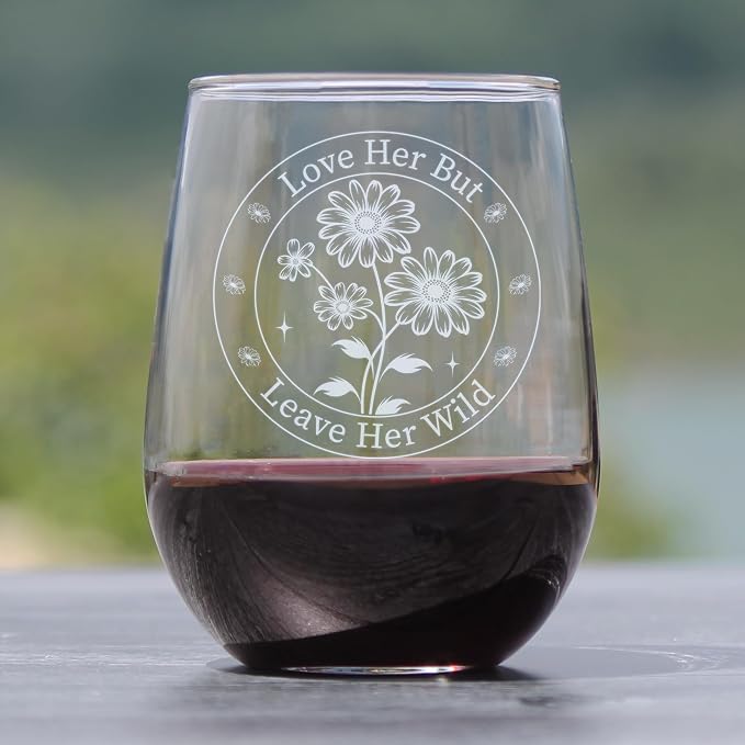 Love Her But Leave Wild Engraved Stemless Wine Glass, Daisy Etched Free Spirit Nature Lover, 17oz Hand Boho Glassware - Image 2