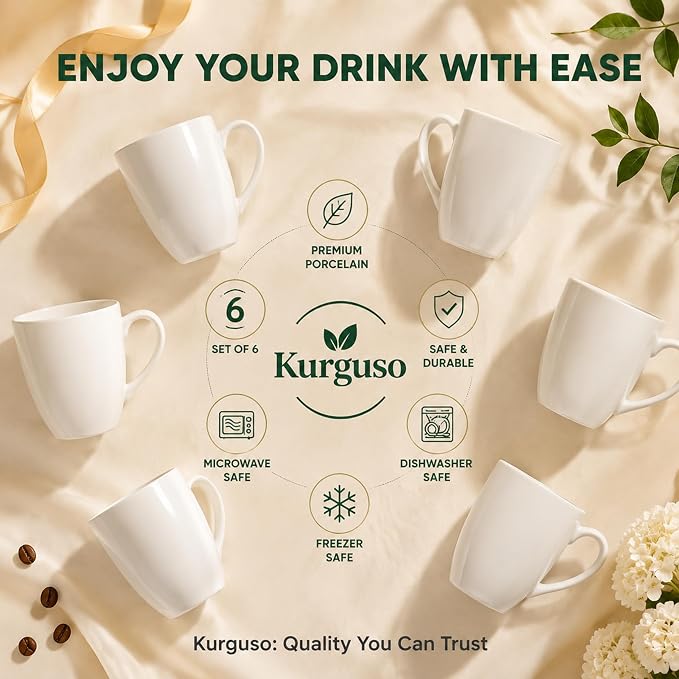 White Porcelain Coffee Mugs Set of 6, 13 Ounce Coffee Cups with Handle, Ceramic Tea Mugs for Latte, Hot Tea, Cappuccino, Mocha, Cocoa, Mug Gift Set, Dishwasher and Microwave Safe - Image 5