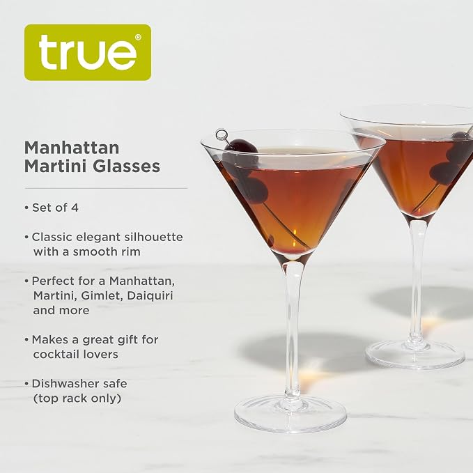 True Manhattan Martini Glass, Crystal Cocktail Coupes, Clear Glass, Cocktail glass set, Dishwasher Safe, Holds 12 oz., Set of 4 - Image 2