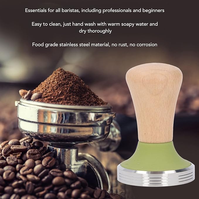 Beech Wood Coffee Tamper, Wooden Handle, Coffee Powder Press, Hammer Mill with Stainless Steel Base for Barista Beginners (58mm)