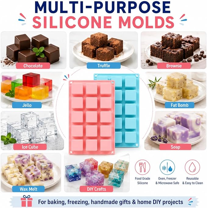 2 Pack Square Cube Silicone Mold, 30 Cavity 1.4" Food-Grade BPA Free Heat Resistant Baking Mold for Chocolate, Cake, Truffle, Jello, Brownie, Ice Cube, Soap - Image 6