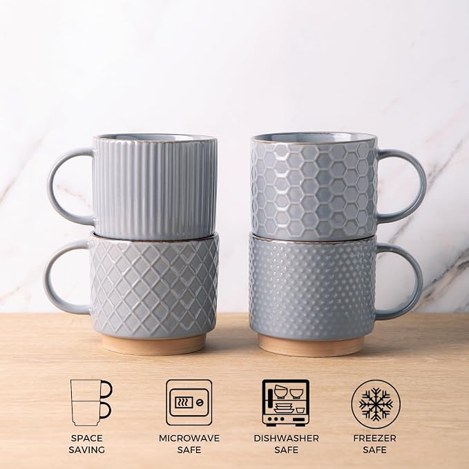 GBhome 15 OZ Stackable Coffee Mugs Set of 4, Ceramic Coffee Cups Set | 4 Assorted Designs, Embossed Mugs with Texture Patterns for Tea/Coffee, Dishwasher&Microwave Safe, Gray - Image 6
