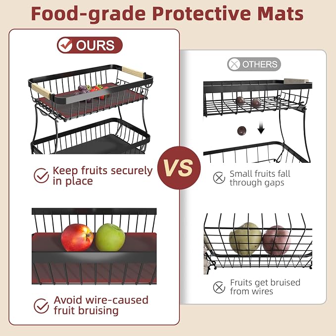 2-Tier Fruit Basket with Banana Hangers, Detachable Metal Bowl | Wooden handle, protective mats included. Versatile holder for bread, snacks, and veggies. 2-Pack 2 tier metal design. - Image 5