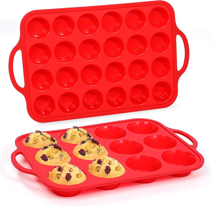 CAKETIME Silicone Muffin Pans for Baking, Metal Reinforced Frame Regular 12 Cups & Mini 24 Cups Cupcake Pan Set Nonstick Muffin Pan for Homemade Baking Easy to Handle by CAKETIME