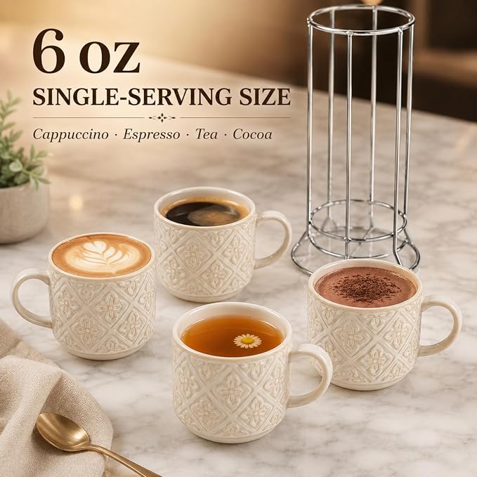 6 Oz Coffee Cups with Stand, Stackable Espresso Cups Set of 4, Ceramic Cappuccino Cup, Embossed Coffee Mugs for Latte, Cocoa, Mocha, Tea, Housewarming Wedding Present, Dishwasher Safe - Image 7