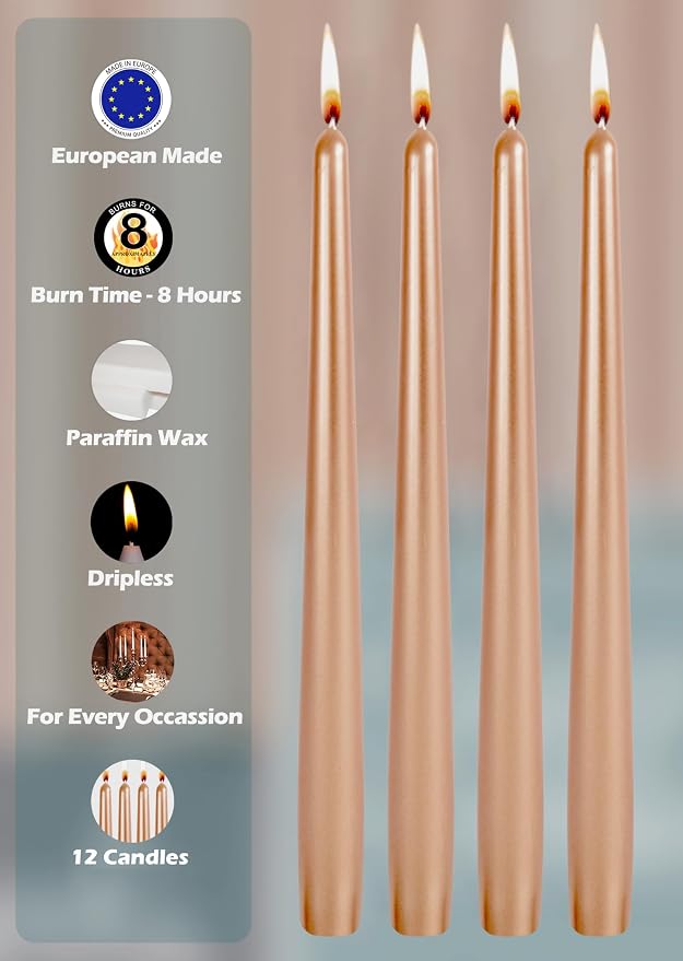 Hyoola 12 Pack Tall Metallic Taper Candles - 10 Inch Copper Metallic, Dripless, Unscented Dinner Candle - Paraffin Wax with Cotton Wicks - Image 3