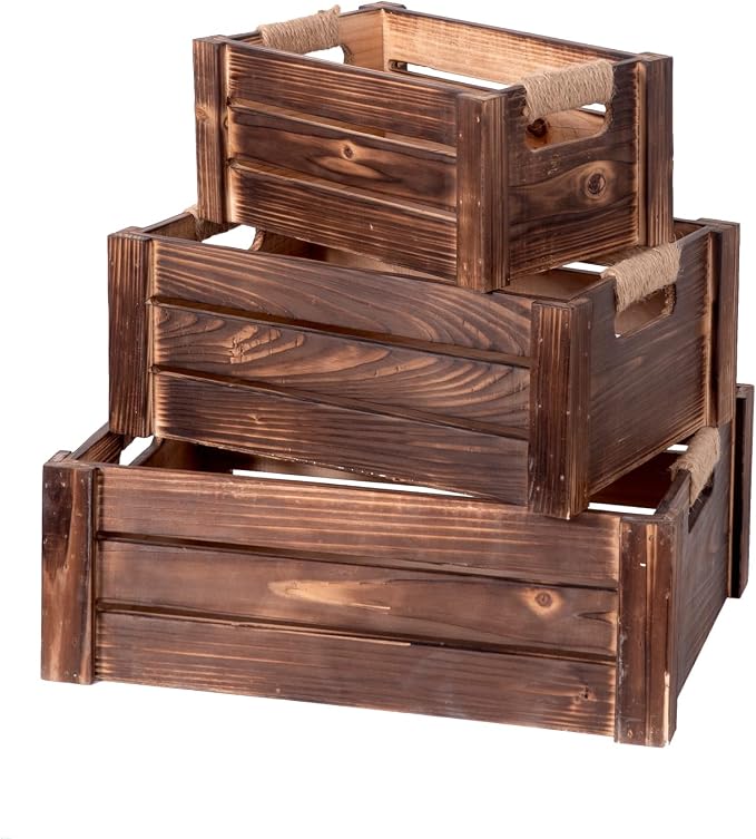 TIMRIS Set of 3 Rustic Wood Nesting Crates, Farmhouse Wooden Storage Container Boxes with Cutout Handles, Decorative Wooden Baskets for Display (Rustic Brown) by TIMRIS