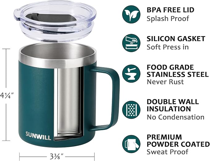 SUNWILL Travel Coffee Mug Set of 2, Insulated Tumbler with Lid, 14 oz Stainless Steel Cup with Handle for Camping, Office, Home, Powder Coated Forest Green & Plum - Image 3