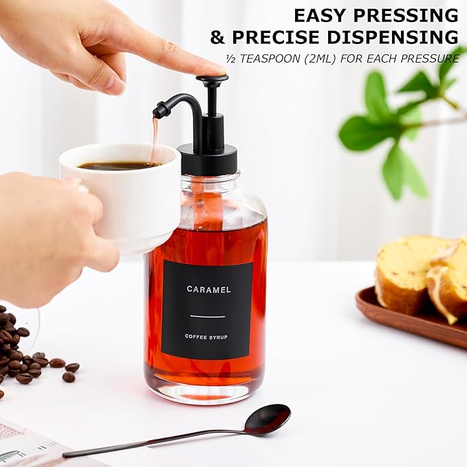 Coffee Syrup Dispenser for Coffee Bar, Glass Syrup Dispenser with Pump, Coffee Syrup Pump Dispenser Bottle, Spoon for Coffee Station, Coffee Bar Organizer, Black,16.9 oz, 500 ml