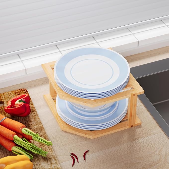 VERTORGAN 2 Tier Bamboo Plate Organizer,Corner Shelf for Kitchen | Pantry Storage,Dish Rack,Spice Rack,Corner Organizer,Kitchen Counter Shelves,Kitchen Storage,Holds Plates - Image 5