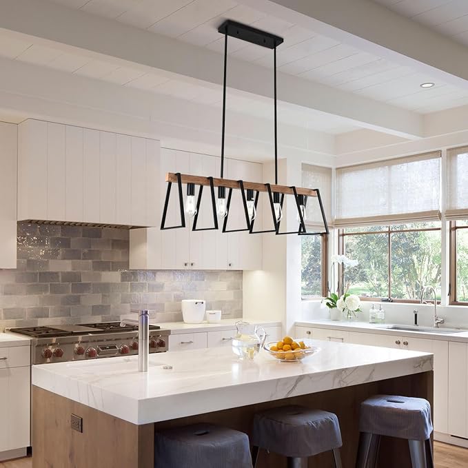 Rustic Wood Chandeliers Farmhouse 5 Light Dining Room Light Fixtures Mid Century Modern Black Linear Chandelier Industrial Kitchen Island Rectangle Pendant Light - Image 9