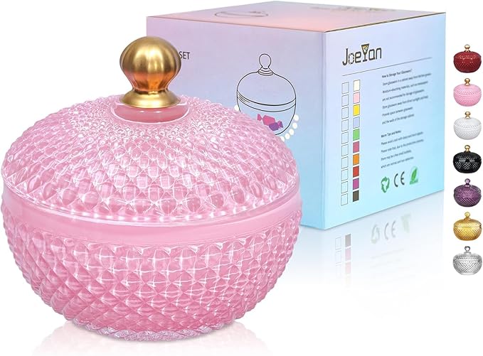 Joeyan 12 oz Small Pink Glass Jewelry Box Jars with Lid,Embossed Glass Candy Dishes,Diamond Faceted Food Container,Decorative Apothecary Canisters,Colored Kitchen Bathroom Buffet Storage Organizer by JoeyanHousehold