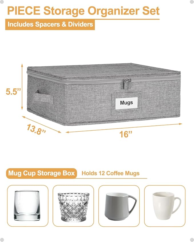 punemi Mug Storage Organizer, 2-Pack Hard Shell Boxes for Packing & Moving | Hard shell sides and bottom with padded dividers for a set of 12 mugs or tea cups; stackable for packing and moving - Image 5
