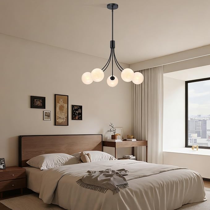 Bubble Chandelier, Modern Sputnik Dining Room 5-Light Chandelier with Black Finish and Glass Globes for Kitchen Bedroom Foyer and Living Room - Image 6