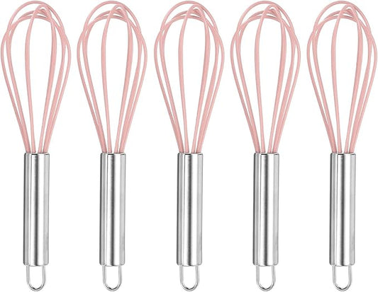 HARFINGTON 5Pcs Silicone Whisk 8" Kitchen Whisk Wire Whisks Beater with Stainless Steel Handle for Egg Milk Whisking Blending Beating & Stirring, Pink