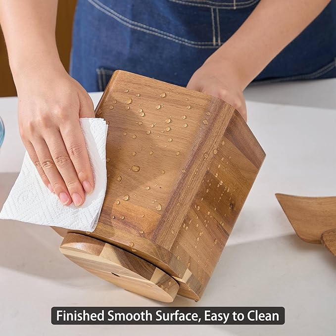 Wood Utensil Holder for Kitchen Counter, 360° Rotating Kitchen Utensil Holder, 7.2"x 6" Large Acacia Cooking Utensil Crock for Countertop (SQUARE) - Image 5
