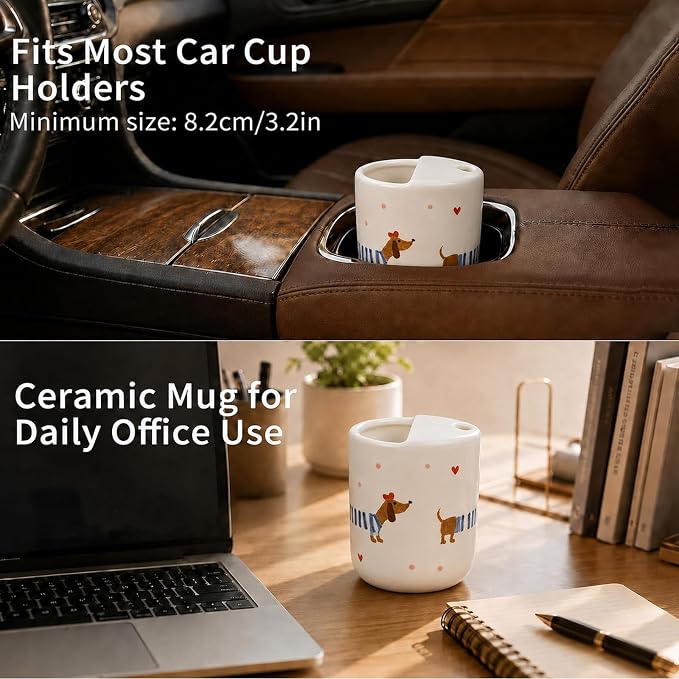 Ceramic Travel Coffee Mug 12 OZ, Cute Dachshund Pattern Coffee Cup, Handmade Style Ceramic Coffee Mug with Sip Hole for Women Men, Office Home Kitchen Gift - Image 4