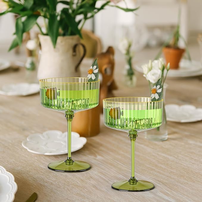 12 PCS Gold Rim Plastic Champagne Coupe Cup Sage Green Ribbed Coupe Glasses 10oz Detachable Espresso Martini Glass Vintage Margarita Glassware Cocktail Glass Set for Baby Shower Christmas Wedding - Image 8