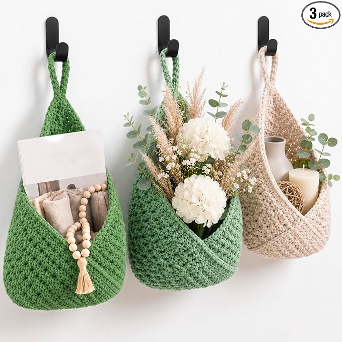 Honeydak Boho Decor Hanging Wall Baskets for Kitchen 3 Pack Teardrop Baskets with Hooks Storage Fruit Onion Vegetable Potato for Home 3 Sizes(Sage Color Palette,Triangle,Cotton Rope) by Honeydak