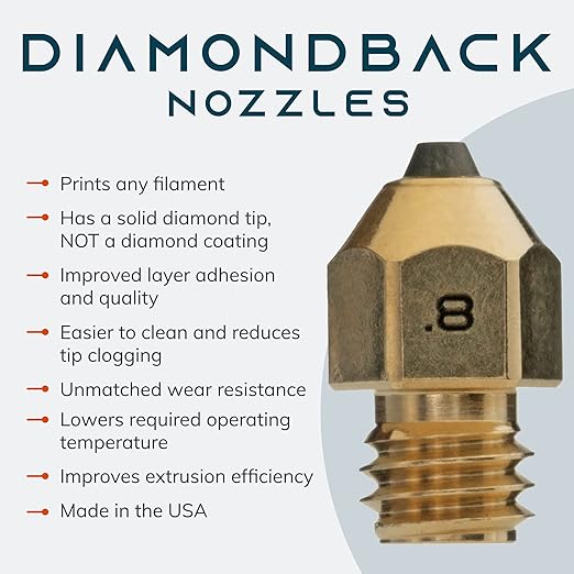 Diamondback Nozzles – MK8 Compatible – Polycrystalline Solid Diamond Tip 3D Printer Nozzles, Improved Extrusion, Any Filament, Long Life, Wear Resistant, Layer Adhesion, USA Made (0.8mm)