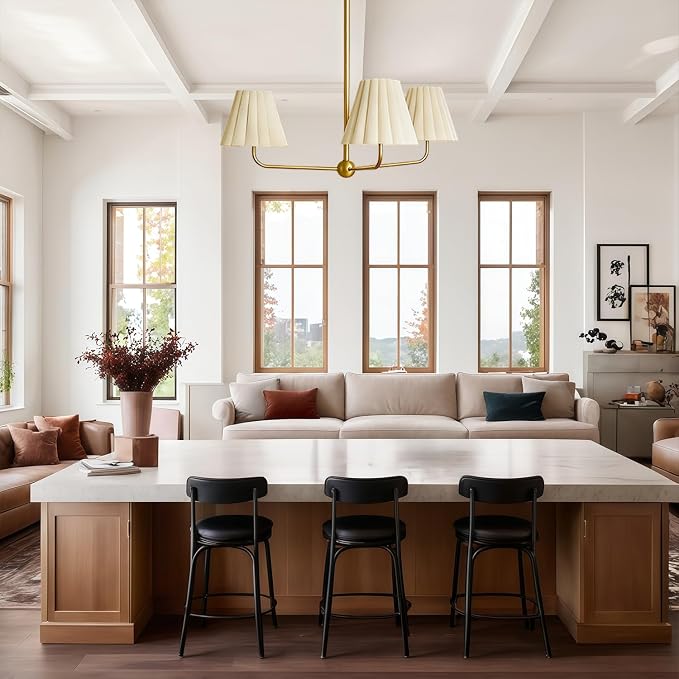 Mid-Century 3-Light Chandelier, Aged Brass & Linen | Natural Ivory Pleated Conical Shades, 120° Equal Arms, Perfect for Kitchen Island, Dining Room, Living Room - Image 7