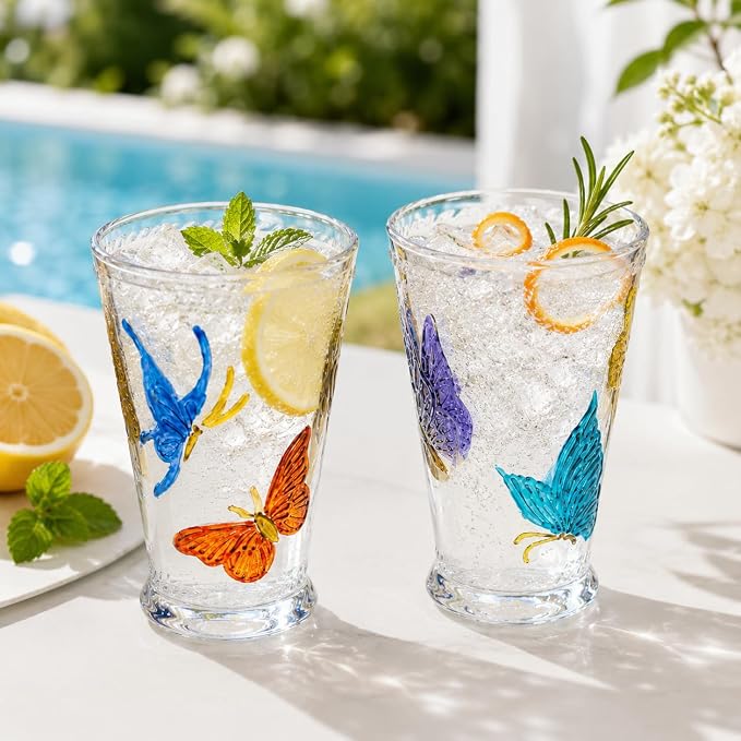 Butterfly Drinking Glasses Set of 2, 14oz Colored Highball Glasses | Vintage Glass Tumblers Hand Painted Glassware Water Tumbler for Water, Iced Coffee, Juice, Cocktails, Whiskey, Sparkling - Image 4