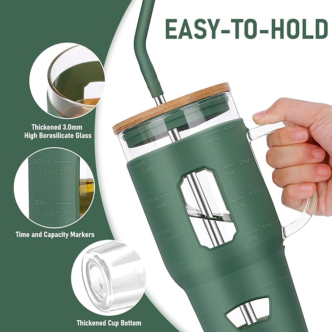 Glass Cups with Handle and Bamboo Lids - 40 oz Tumbler with Stainless Steel Straw | Glass Water Bottle w/Silicone Sleeve for Coffee, Smoothi, Hot/Cold Drinks for Travel/Office/Home (Olive-Green)