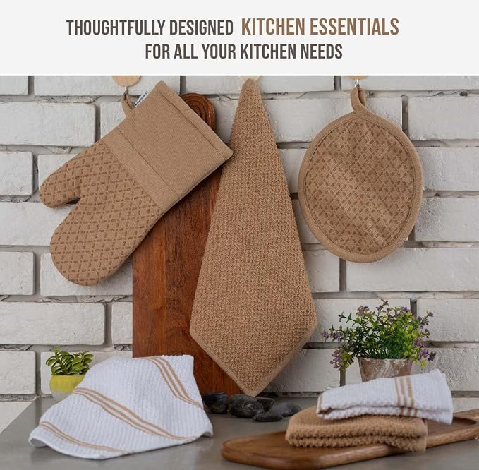 LANE LINEN 16 Piece Kitchen Dish Cloths Set - 100% Cotton Dish Towels, Heat Resistant Kitchen Mittens and Pot Holder Set, Reusable Dish Rags for Washing Dishes, Dish Towels for Kitchen Drying - Beige - Image 3