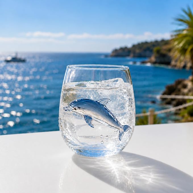 Coastal Stemless Wine Glasses Set of 4, 12oz 3D Ocean Animal Artisan Glassware Collection with Unique Sea Life Designs (C - Set of 1) by Lifmagic