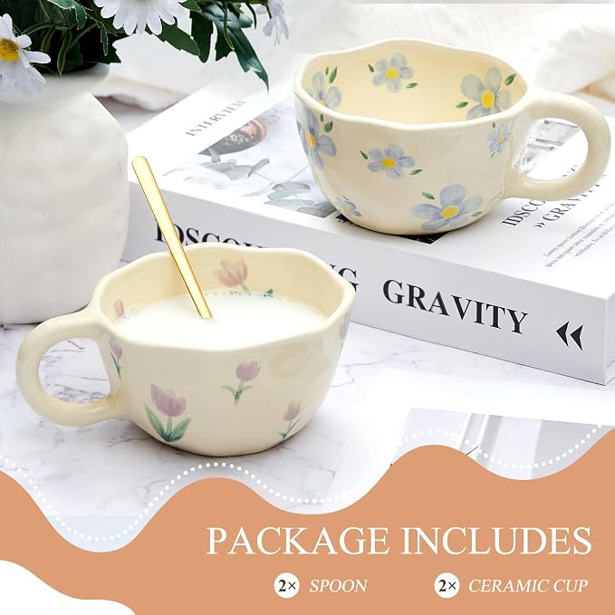 Vesici 2 Pcs Ceramic Coffee Mugs with Spoon, Vintage Floral Spring Mugs with Handle, 8.5 oz Aesthetic Flower Porcelain Tea Cup Set, Dishwasher & Microwave Safe Mothers Day Gifts for Mom(Vibrant) - Image 3