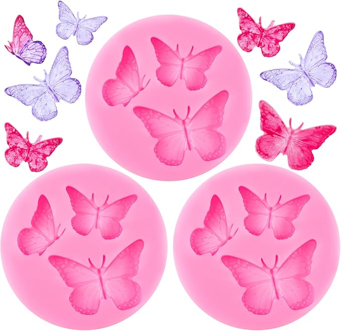 HINZIC 3PCS Mini Butterfly Silicone Molds, Polymer Clay DIY Crafts, Pink | Cute Fondant Cake Baking Chocolate Candy Cupcake Topper Desserts Decoration for Women Valentines Present, Style 1 by HINZIC