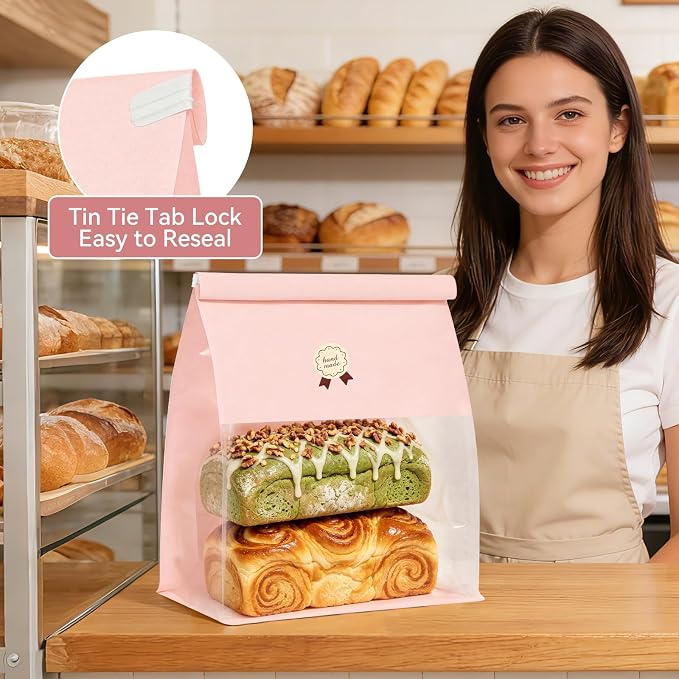 "Funcoo Paper Bread Bags with Tabs for Homemade Sourdough Bread, Pink Bakery Bread Bags with Window/Tin Tie Tab Lock, Large Bakery Loaf Bag for Baked Goods Packaging" (50, X-Large) - Image 5