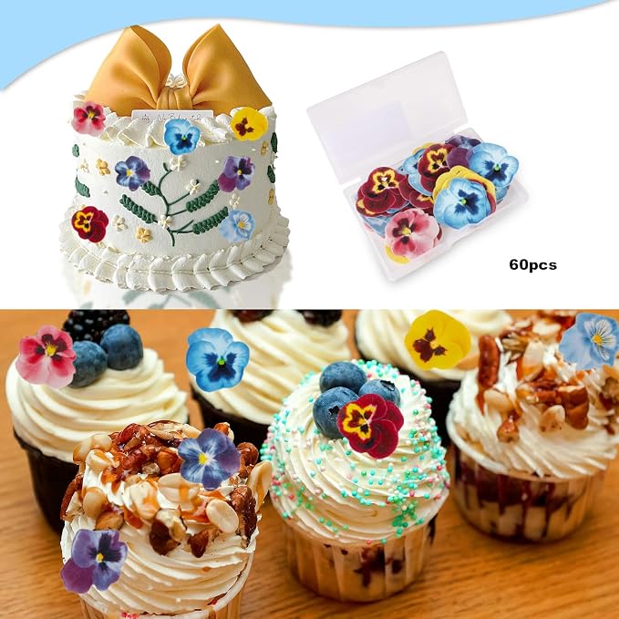 60PCs Edible Flowers Pansies Cake Decorations Cupcake Toppers | Edible Flowers, Wafer Paper Flower Cupcake Toppers for Wedding Birthday Party Decorations Supplies - Image 3