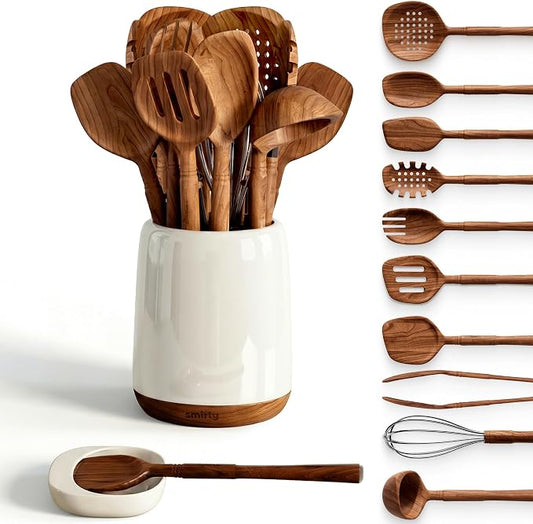 SMIRLY Walnut Wooden Utensil Set with Ceramic Holder & Spoon Rest,12-Piece | Non-Scratch Wooden Spoons for Cooking, Comfortable Grip Luxury Kitchen Gifts for Serving, Nonstick Cookware and Housewarming by Smirly
