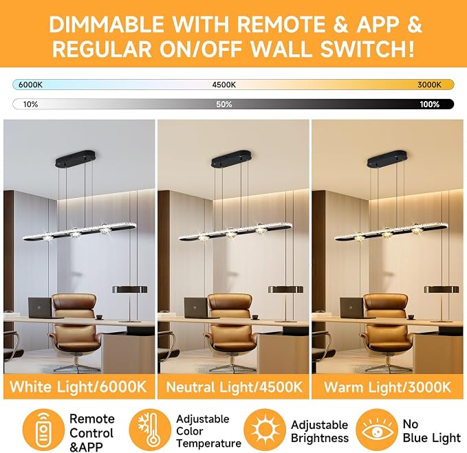ORANOOR Modern LED Pendant Lights, Dimmable 39inch Crystal Globe Chandelier | Linear LED Chandelier Rectangle Black Dining Room Hanging Light Fixtures Kitchen Island Pendant Light Over Dining Table, 40W - Image 5