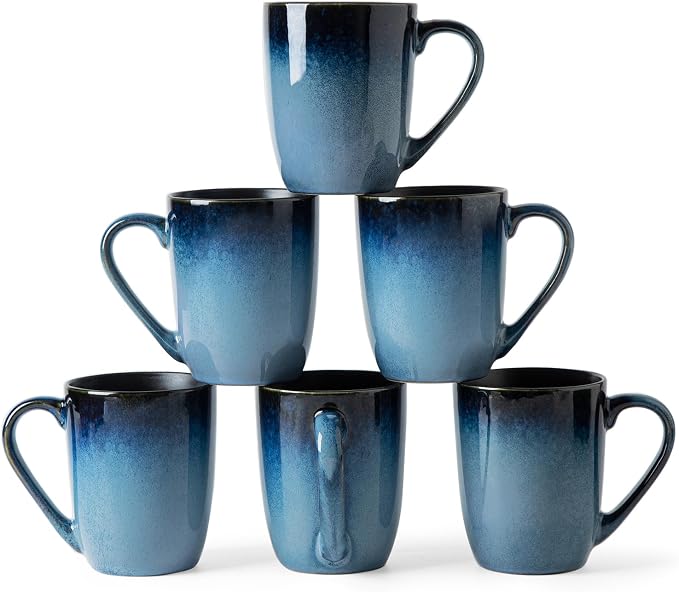 MONITO Large Ceramic Coffee Mugs Set with Handle for Tea/Latte/Cappuccino/Milk/Cocoa, Ice-Snow Blue 14oz, Set of 6, Funny Tea Cups for Office and Home by MONITO
