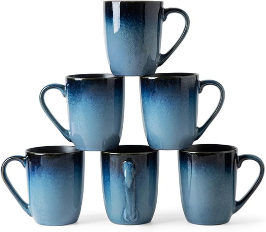 MONITO Large Ceramic Coffee Mugs Set with Handle for Tea/Latte/Cappuccino/Milk/Cocoa, Ice-Snow Blue 14oz, Set of 6, Funny Tea Cups for Office and Home by MONITO