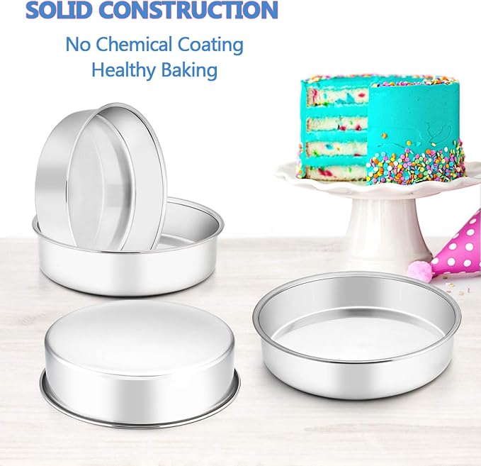 E-far 8 Inch Cake Pan Set of 4, Stainless Steel Round Layer Cake Baking Pans, Non-Toxic & Healthy, Mirror Finish & Dishwasher Safe - Image 4