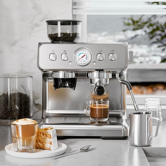Kismile 15 Bar Espresso Machine with Built-in Grinder and Milk Frother, Automatic Coffee Maker for Home Latte & Cappuccino