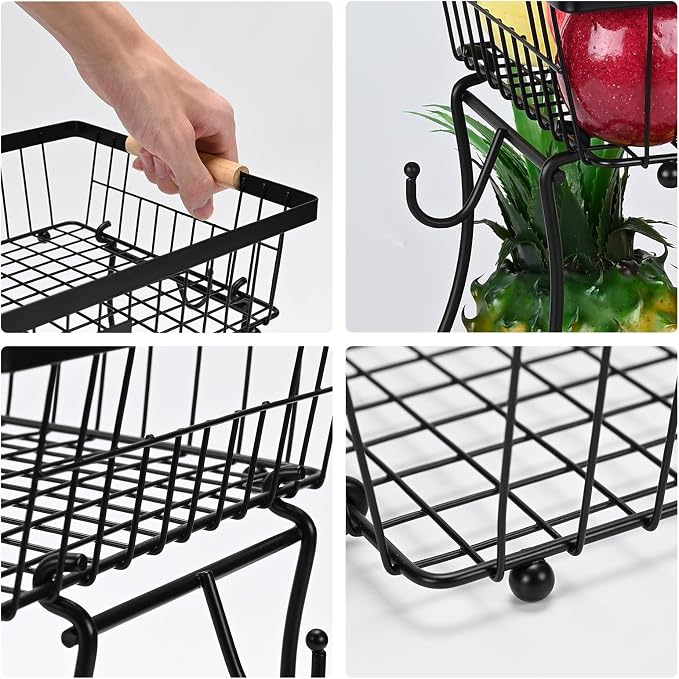 Fruit Basket Bowl 2 Tier Detachable with 2 Banana Hangers, Fruit Stand Holder for Kitchen Countertop, Metal Wire Vegetable Storage Organizer, for Bread Snack Veggies Produce, Black - Image 4